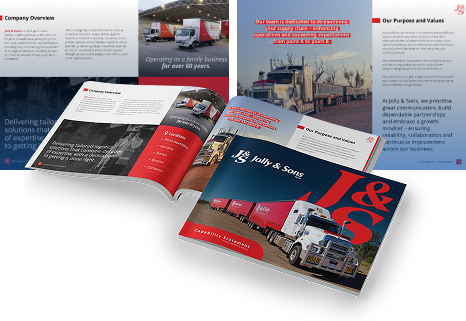 Three Jolly & Sons corporate brochures are displayed, featuring trucks and company branding. One brochure is closed, showing a truck on the cover, while two others are open, revealing company information, images, and text in red, blue, and white tones.