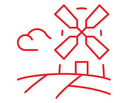 A simple red line drawing of a windmill with four blades, a door, and a curved cloud in the sky. The windmill is set on a hill with curved lines suggesting fields.