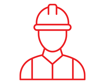 Red outline icon of a person wearing a hard hat and safety vest, representing a construction worker or someone in a safety-related role, on a light gray background.