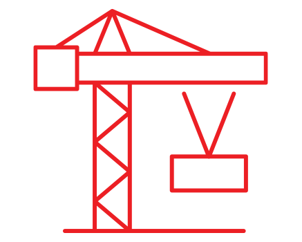 Red outline drawing of a construction crane lifting a rectangular block, set against a light gray background. The crane structure features a triangular lattice pattern.