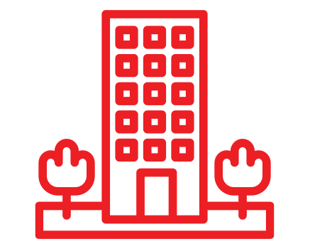A red outline drawing of a tall building with several windows, flanked by two stylized trees on each side, set on a simple rectangular base.