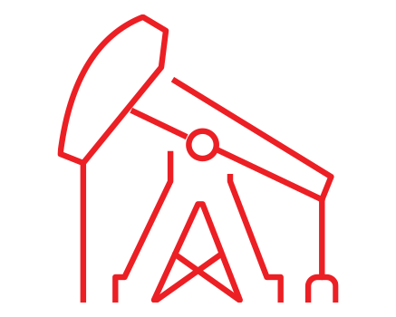 Red line drawing of an oil pump jack on a light gray background, representing oil extraction machinery.