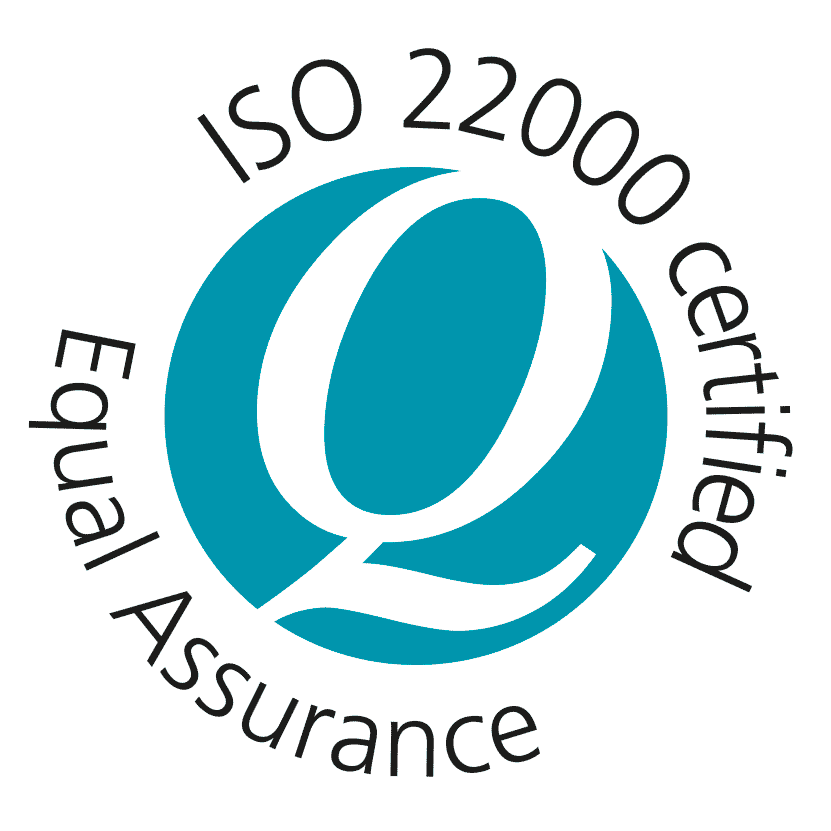 A logo featuring a large stylized "Q" in white on a teal circle, surrounded by the text "ISO 22000 certified Equal Assurance" in black letters arranged in a circular layout, representing about R Con Civil's commitment to quality.
