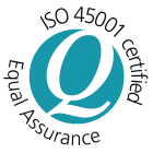Circular logo with a teal "Q" in the center. Text around the edge reads "ISO 45001 certified" at the top and "Equal Assurance" on the left side, highlighting the commitment about R Con Civil to high safety standards.