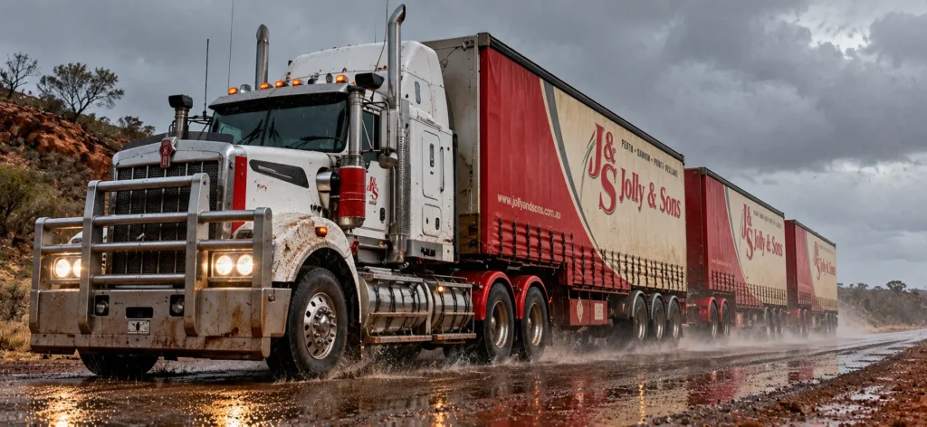 Jolly & Sons three-trailer road train driving through rain on a wet outback highway under storm clouds